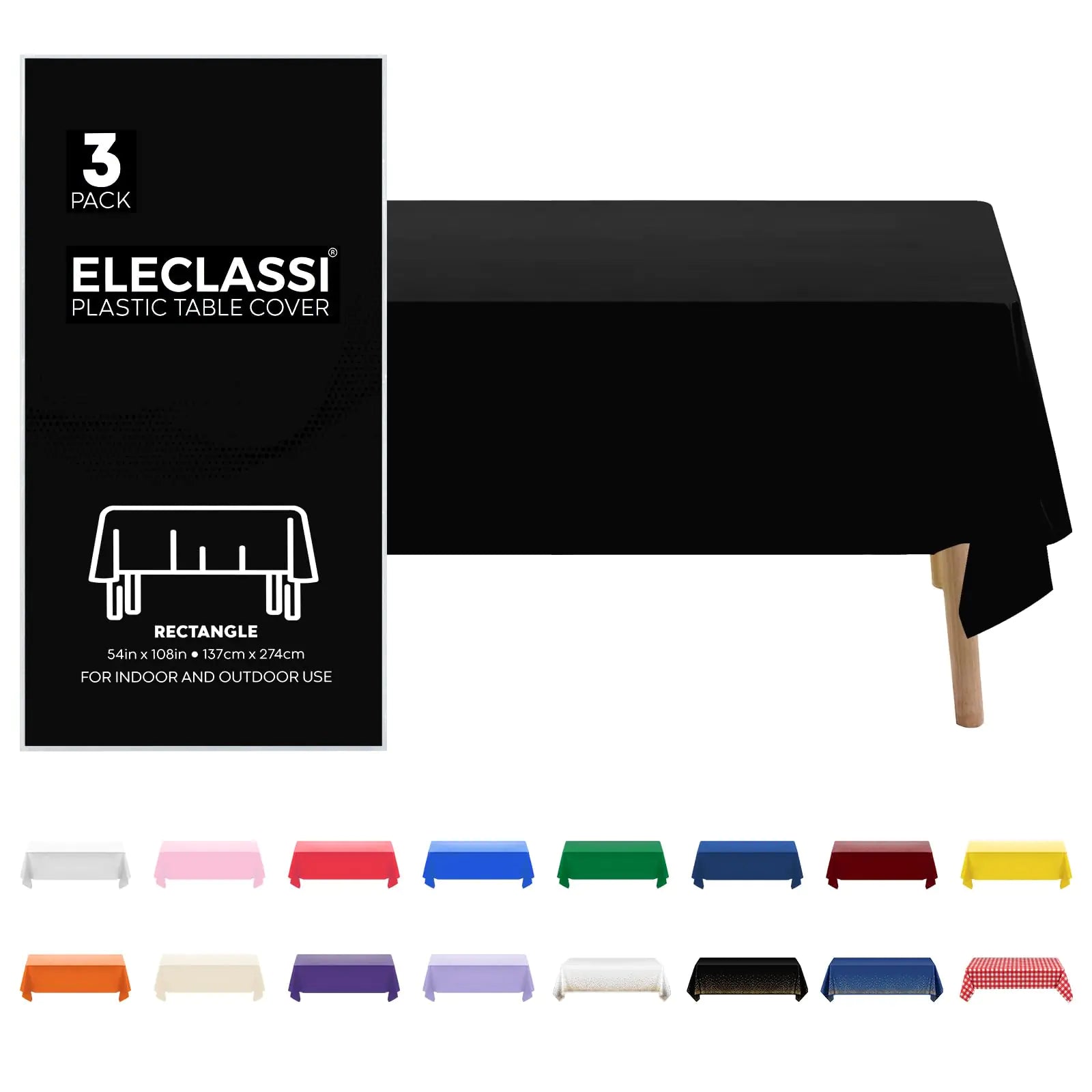 Eleclassi 3 Pack Premium Black Plastic Table Cloth Disposable Tablecloth 54 x 108 in - Waterproof Plastic Tablecloths for Rectangle Tables Up to 8 Ft - Halloween Tablecloth Plastic