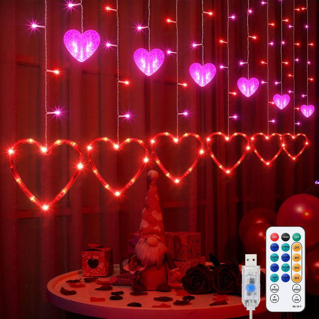 Valentines Day Window Lights Love Hearts Valentine Curtain Hanging Lights Plug in with Remote 8 Lighting Modes Valentine Red Decor for Window Valentines Day Decorations(Classic Valentines Day)