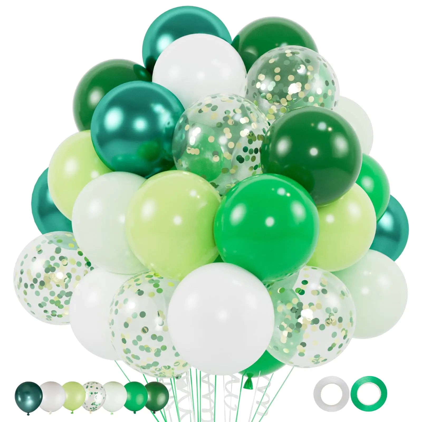 100pcs Green Balloons Set 12 Inch Metallic Emerald Dark Green Balloons Lime Green and White Confetti Balloons for Birthday Jungle Safari Party Supplies St. Patricks Day Decoration