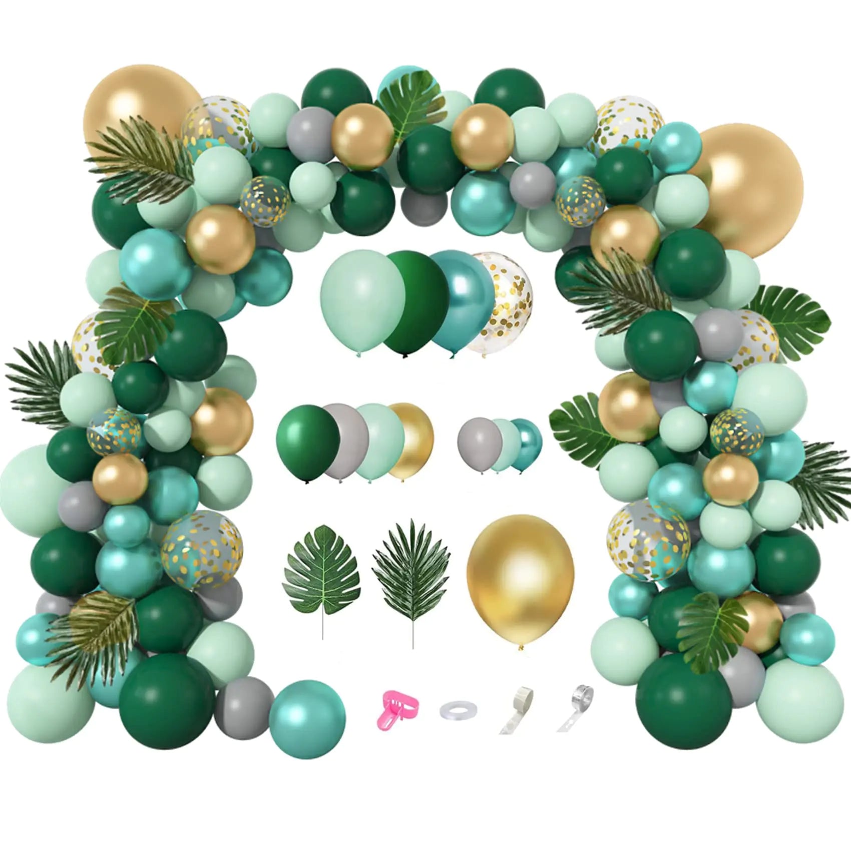 151Pcs Jungle Safari Balloon Garland Kit Metallic Green Gold Tropical Balloons Arch Artificial Palm Leaves for Animal Dinosaur Two Wild One Birthday Baby Shower Decoration Boys Party Supplies