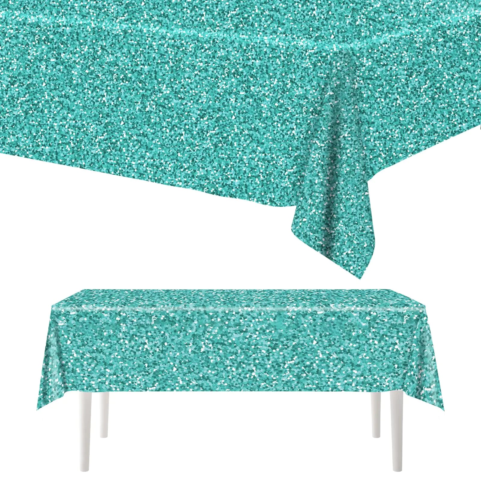 Teal and Silver Tablecloths Teal and Silver Glitter Table CoverDisposable Teal Blue Table Cover for Wedding Anniversary Silver Glitter Party Supplies (4)