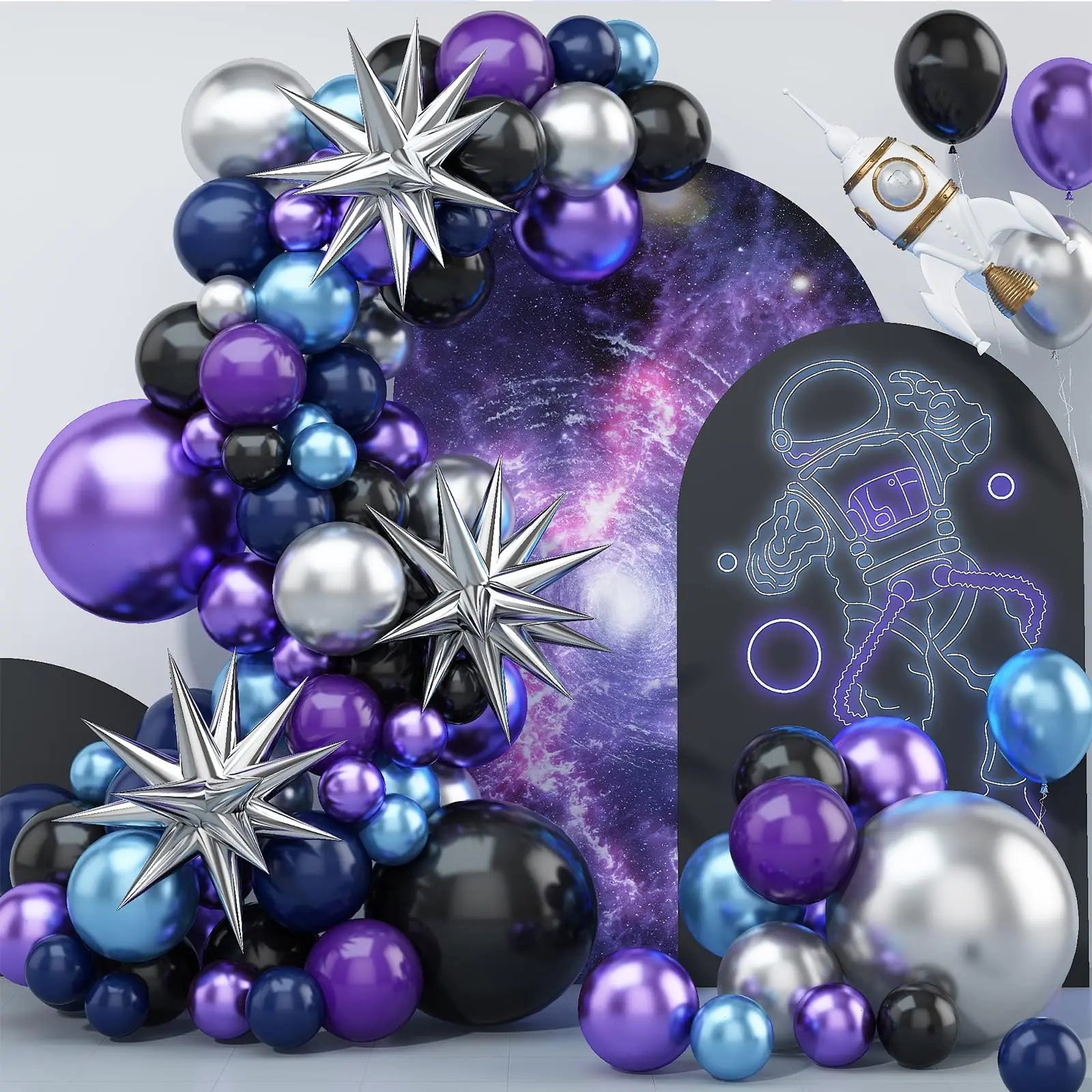 Balloon Arch Kit Space Birthday Decorations Blue Purple Silver Balloon Arch Garland Kit Metallic Chrome Balloons 4D Star For Space Theme Birthday Party Baby Shower Graduation